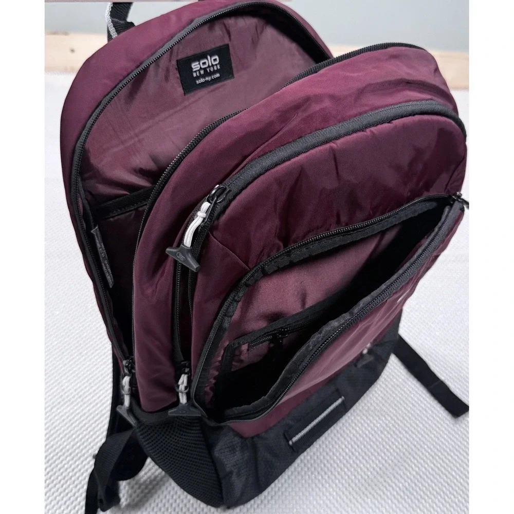 Solo New York Laptop Backpack Burgundy Black Travel School Book Bag Padded